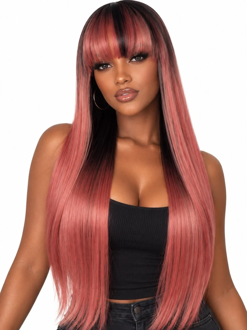 Long Straight Fringe bangs Wig in Rose Pink with Black Roots 26 inches long